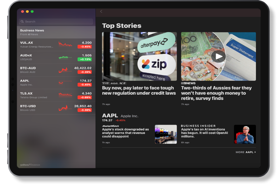 Tablet computer showing screenshot of financial app